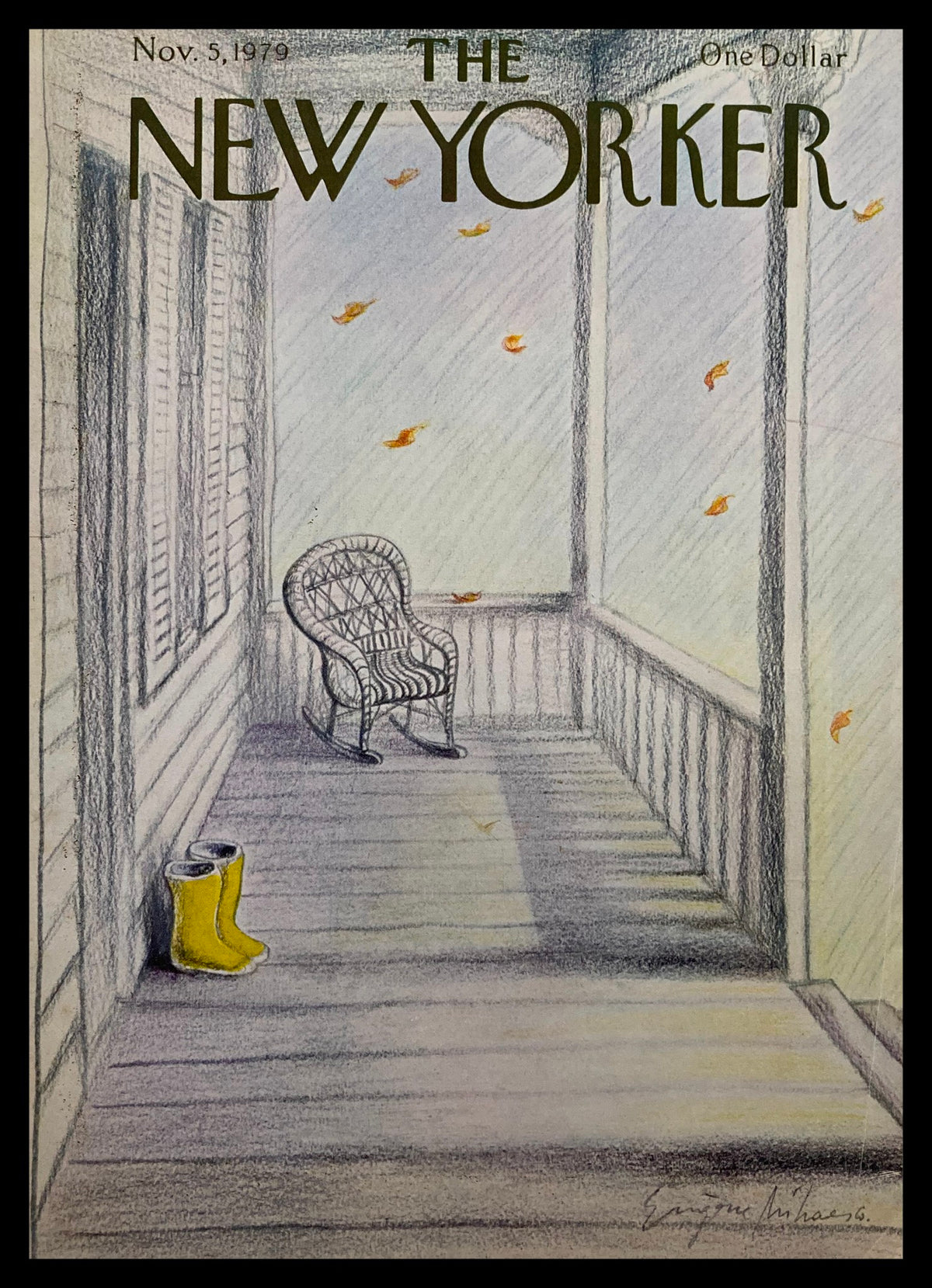 COVER ONLY The New Yorker November 5 1979 Yellow Boots by E. Mihaesco, showcasing a vintage porch scene with a rocking chair and yellow rubber boots on the floor.