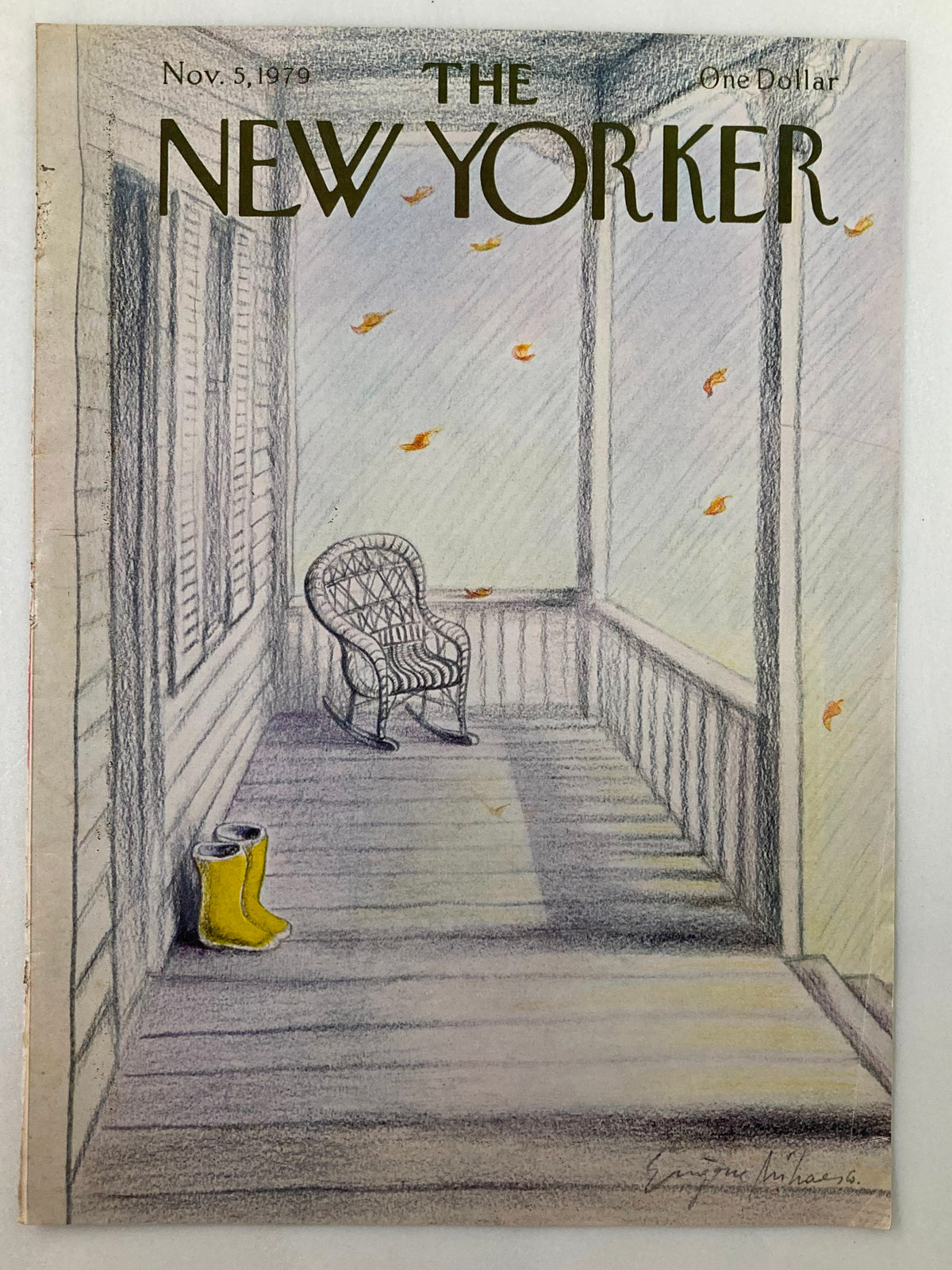 COVER ONLY The New Yorker November 5 1979 Yellow Boots by E. Mihaesco, featuring an illustration of a serene porch with falling leaves and a prominent pair of yellow boots.