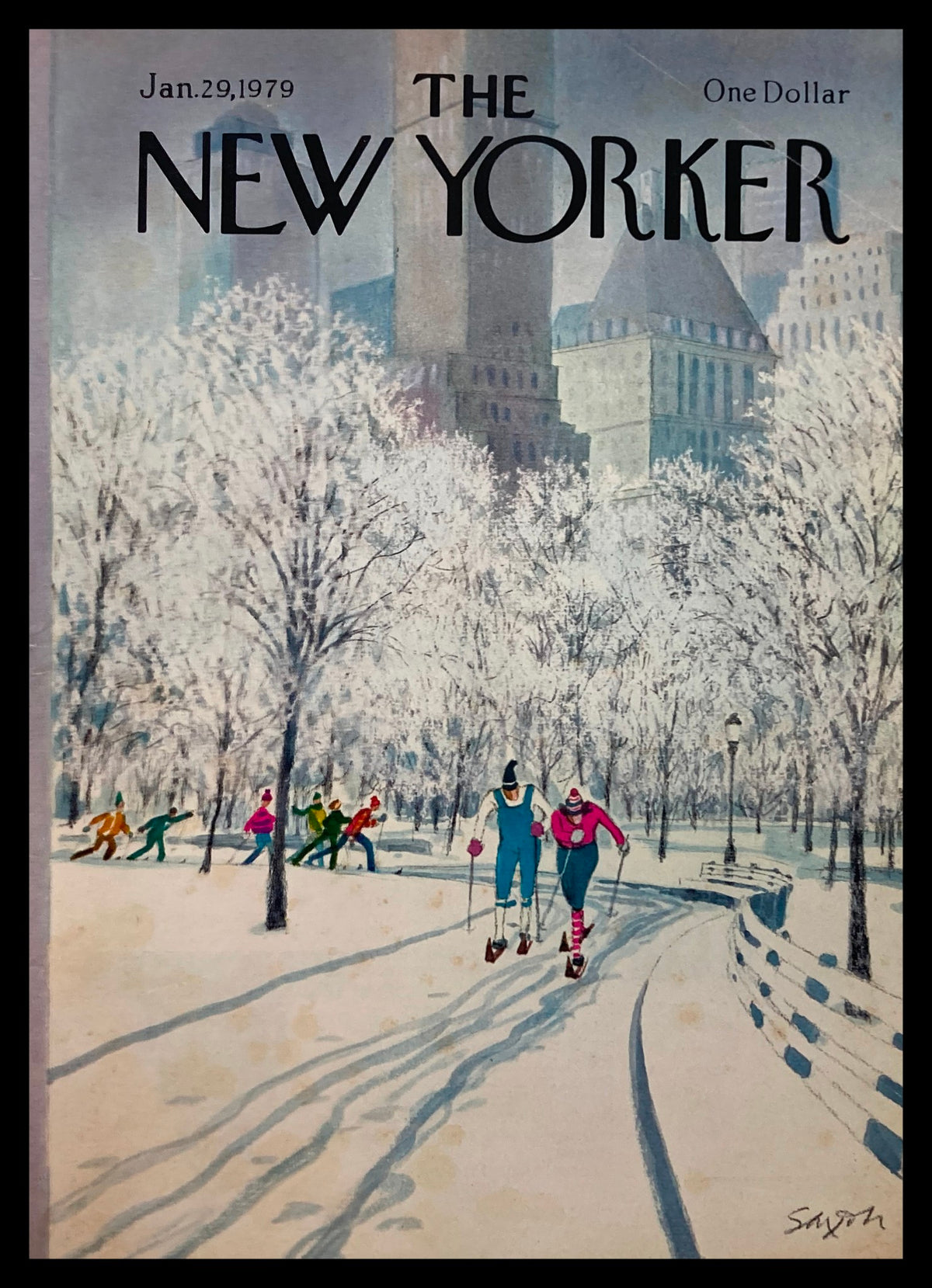 COVER ONLY The New Yorker January 29 1979 featuring an ice skating scene illustrated by Charles Saxon, showcasing skaters in vibrant winter attire amidst snowy trees and buildings.
