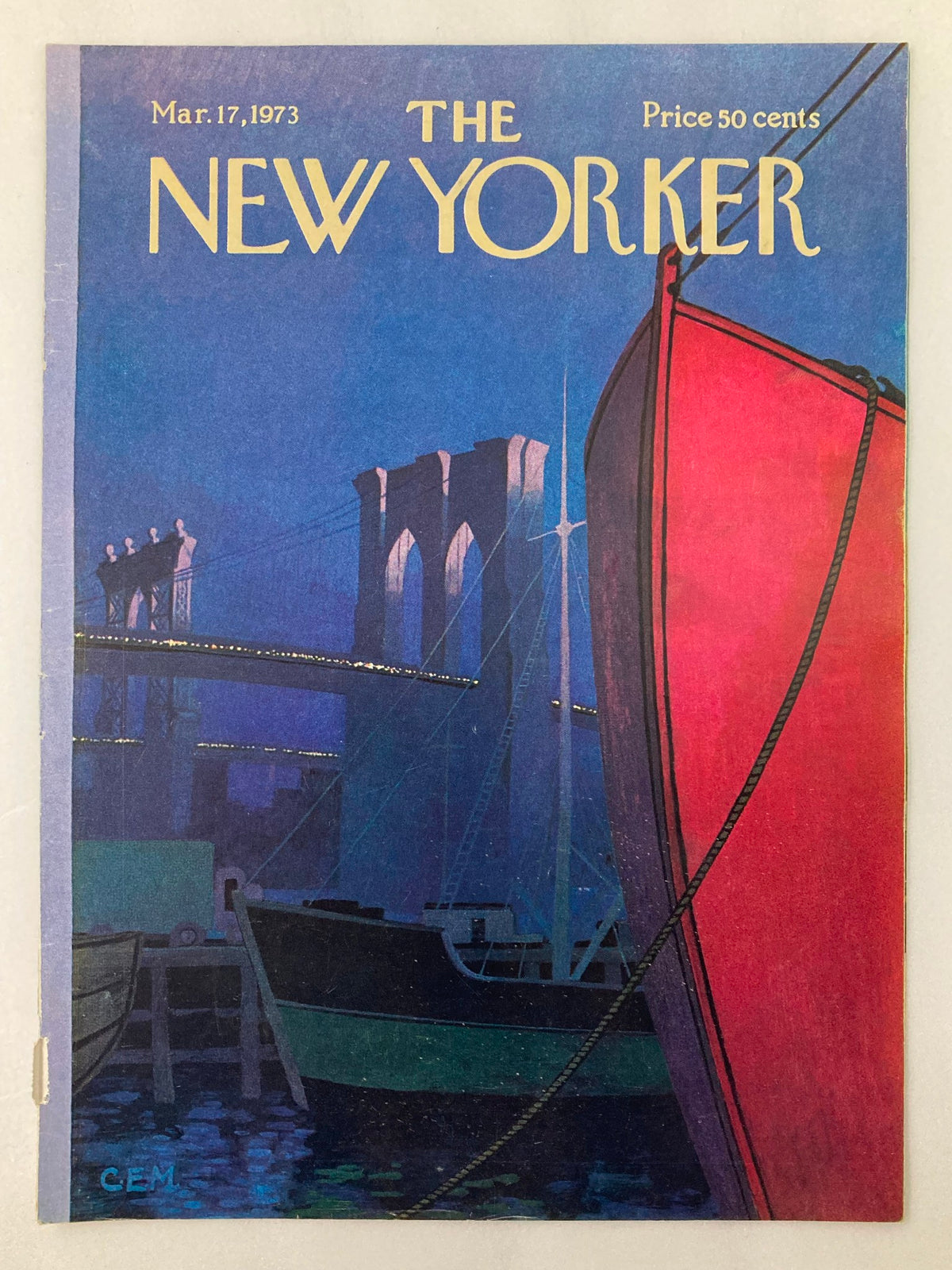 The New Yorker March 17, 1973 cover showcasing a vibrant red ship and Brooklyn Bridge in the background, illustrated by Charles E. Martin. This cover is an iconic piece of magazine art history.