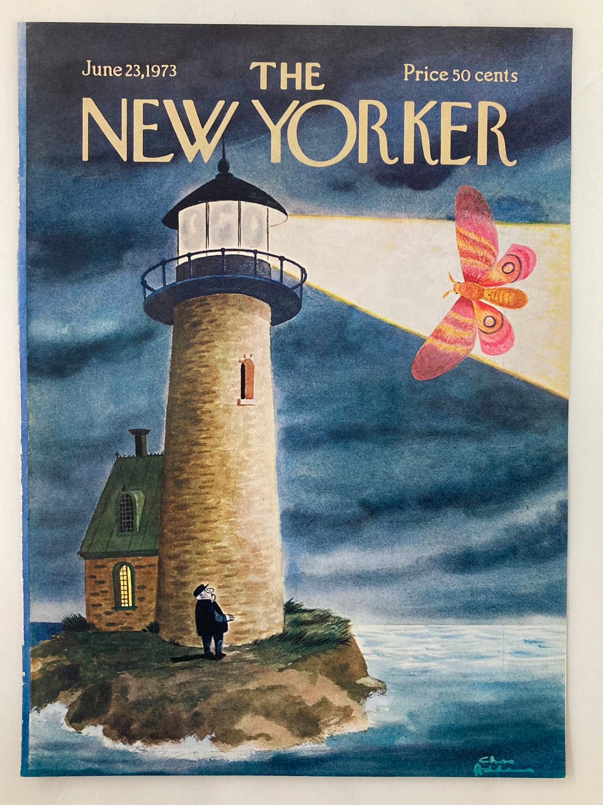 The New Yorker June 23, 1973 cover with an artistic depiction of a lighthouse by Chas Addams, highlighting a butterfly illuminated by the light beam.