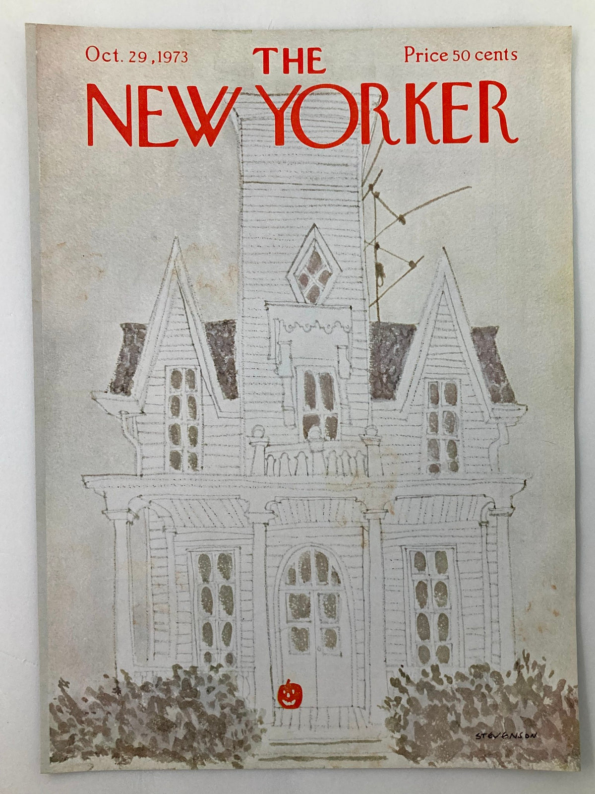 Cover of The New Yorker, October 29, 1973, featuring a whimsical illustration of a house with a pumpkin by James Stevenson. The cover showcases a blend of humor and vintage design.