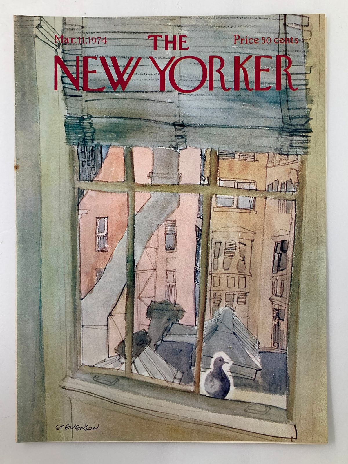 COVER ONLY The New Yorker March 11 1974 Window Bird by James Stevenson, showcasing a whimsical watercolor illustration of a bird on a windowsill with urban buildings in the background.