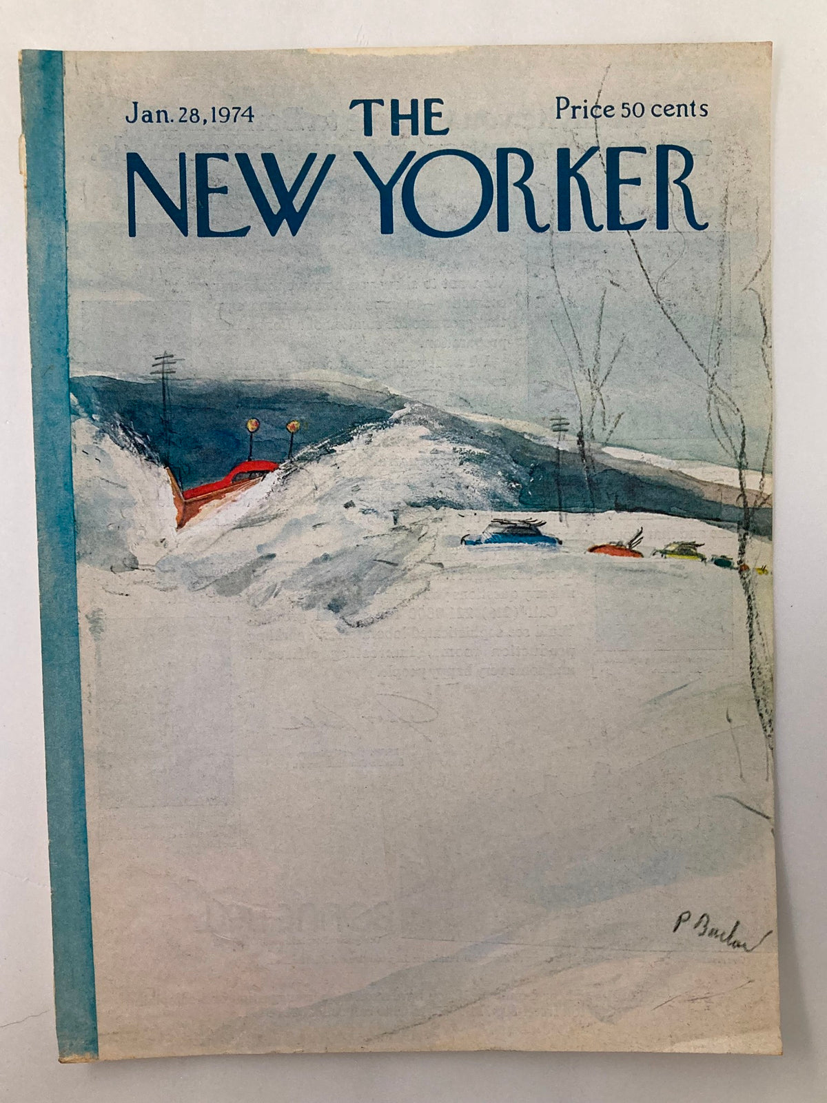 COVER ONLY The New Yorker January 28 1974 Snowing by Perry Barlow, showcasing a beautiful artwork with snow and vehicles, perfect for framing and adding to vintage art collections.