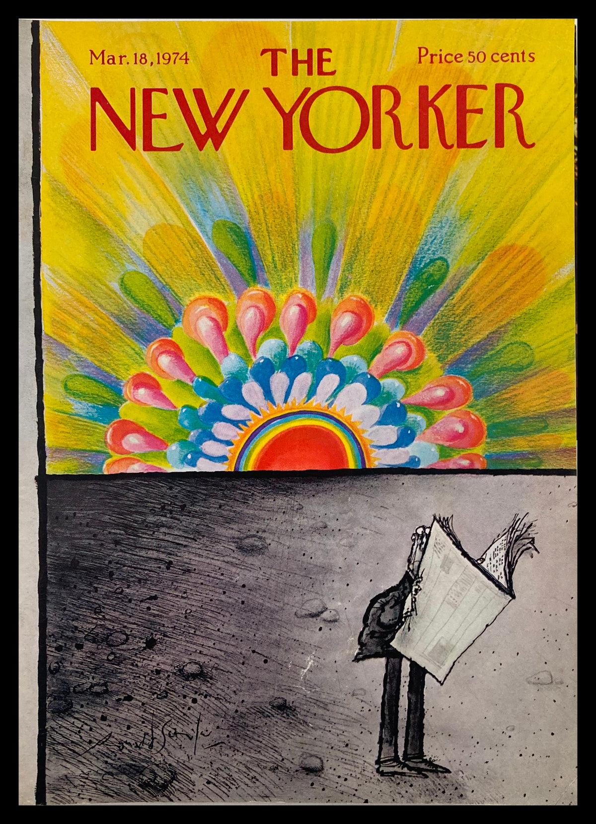 Cover of The New Yorker from March 18, 1974, featuring a vibrant sunrise illustration by Ronald Searle and a character holding a newspaper in a contrasting dark landscape.