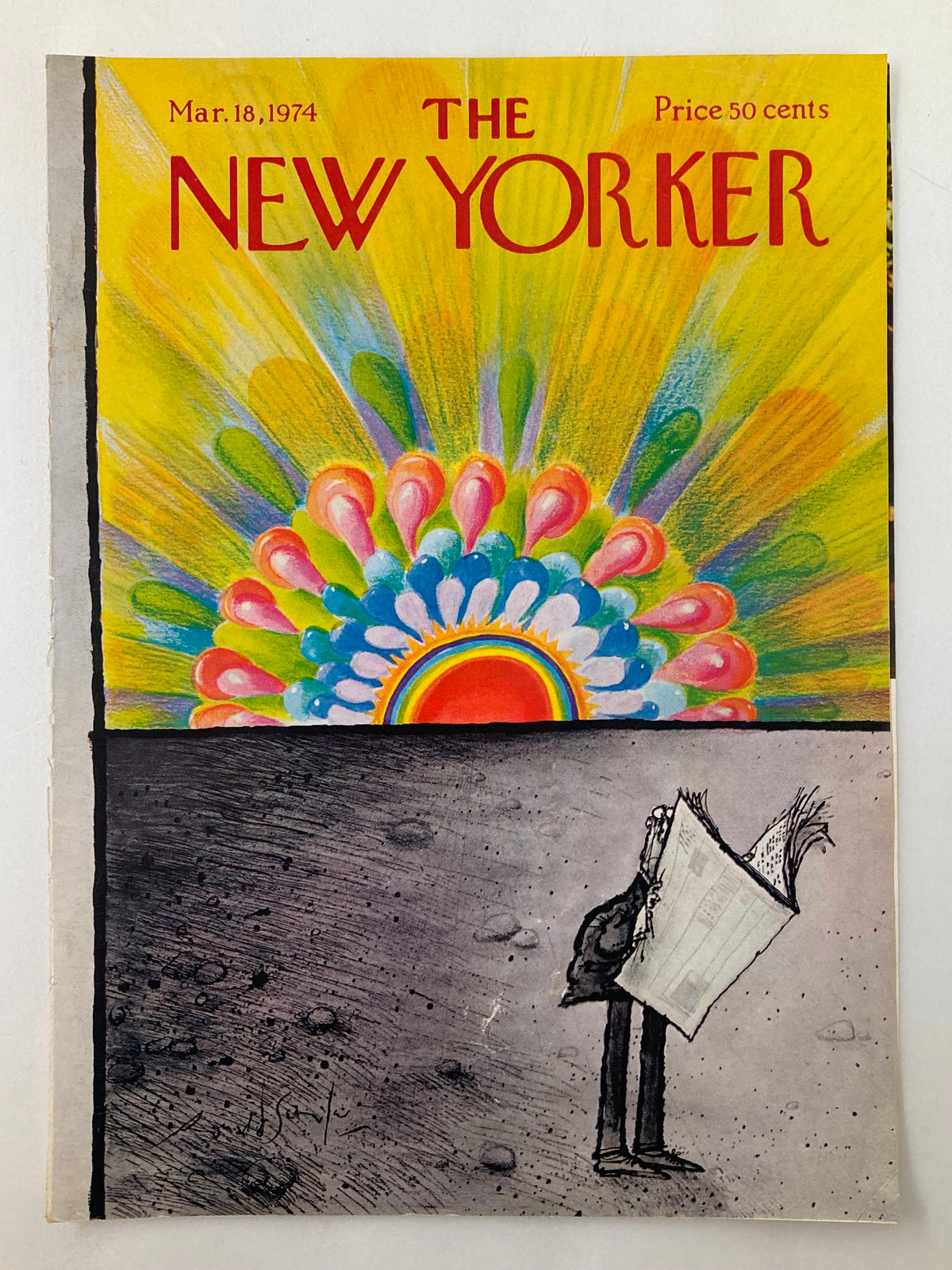 Cover of The New Yorker March 18, 1974 with a colorful sunrise design by Ronald Searle, depicting a person reading a newspaper against a textured black background.