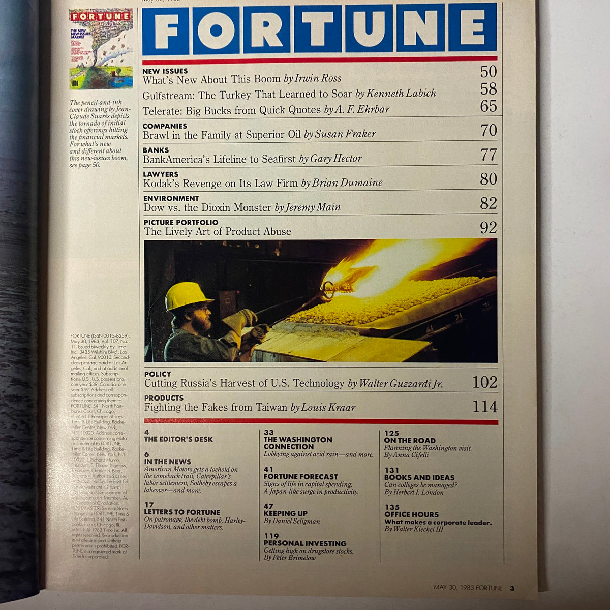 Table of contents page from Fortune Magazine May 30, 1983, highlighting featured articles including 'What’s New About This Boom' and insights on corporate finance and technology.