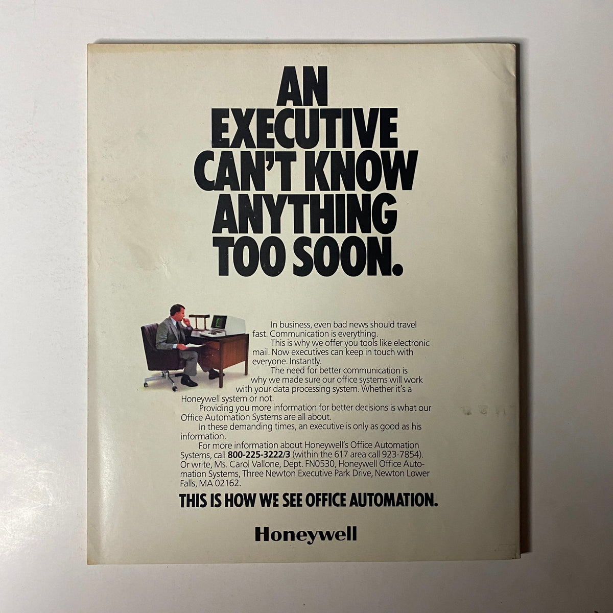 Back cover of Fortune Magazine May 30, 1983, featuring a Honeywell advertisement titled 'An Executive Can’t Know Anything Too Soon' promoting office automation.