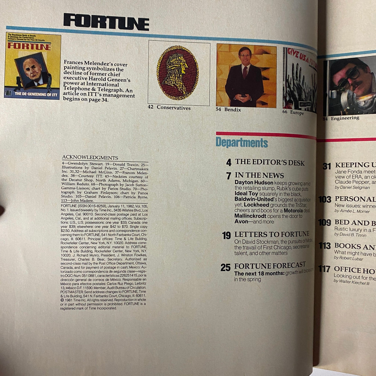 Inside page of Fortune Magazine from January 11, 1982, showcasing the contents including features on Harold Geneen, retail strategies, and economic forecasts.