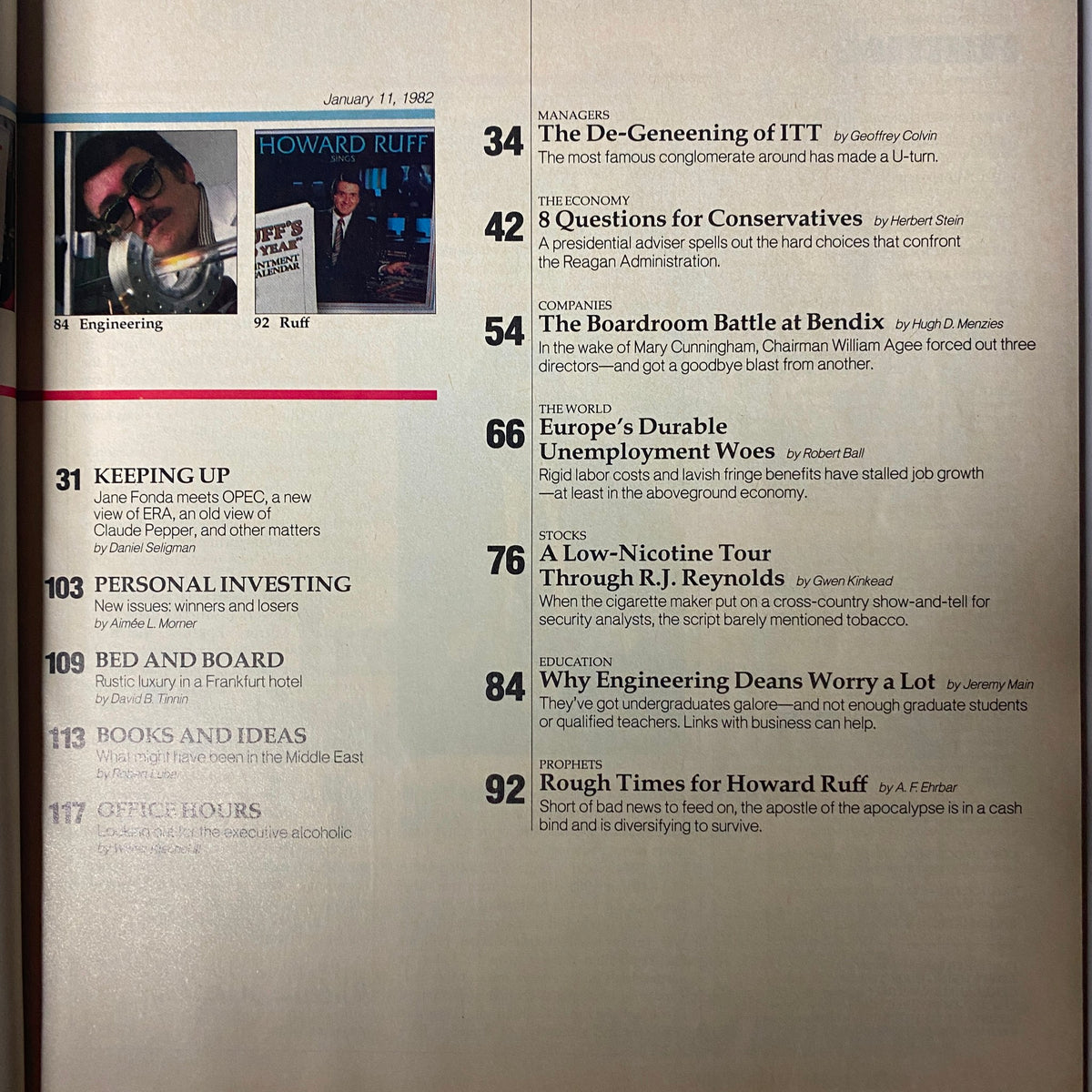 Another inside page of Fortune Magazine dated January 11, 1982, presenting articles about economic conditions, corporate strategies, and major events affecting business at the time.