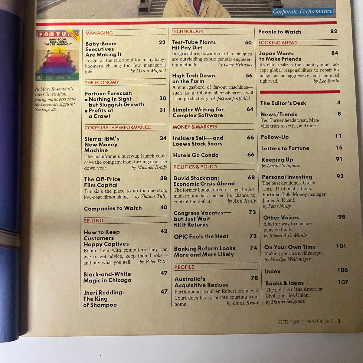 Contents page of Fortune Magazine September 2, 1985, listing articles including 'Baby-Boom Executives Are Making It', and topics on technology and corporate performance.