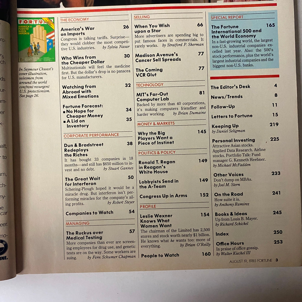 Contents page of Fortune Magazine August 19, 1985, showcasing featured articles including 'America's War on Imports' and additional insights into the economy, corporate performance, and market trends.