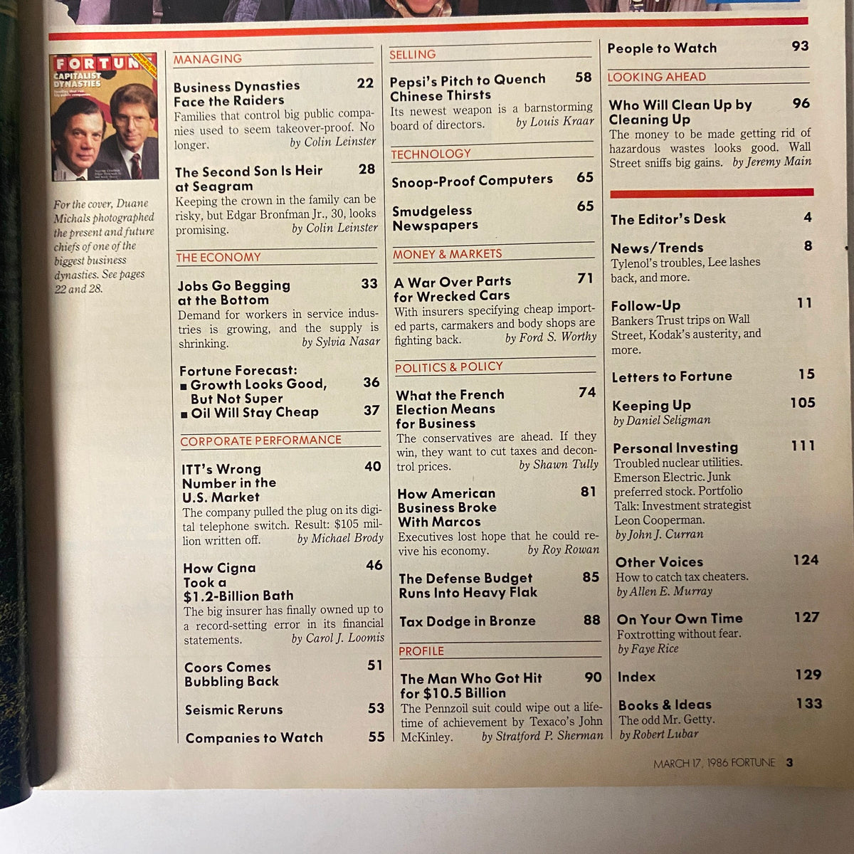 Table of contents from Fortune Magazine, March 17, 1986, highlighting articles including 'Business Dynasties Face the Raiders' and 'The Second Son Is Heir at Seagram.'