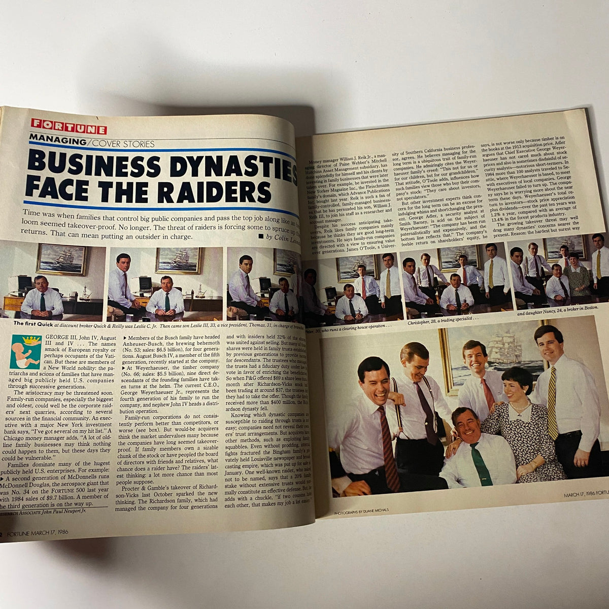 Article excerpt from Fortune Magazine, March 17, 1986, discussing 'Business Dynasties Face the Raiders,' featuring images of family business leaders.