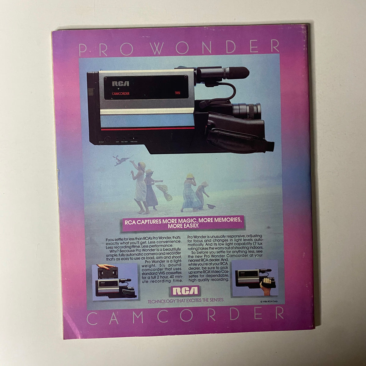 Back cover of Fortune Magazine, March 17, 1986, showcasing an advertisement for the RCA Pro Wonder camcorder.