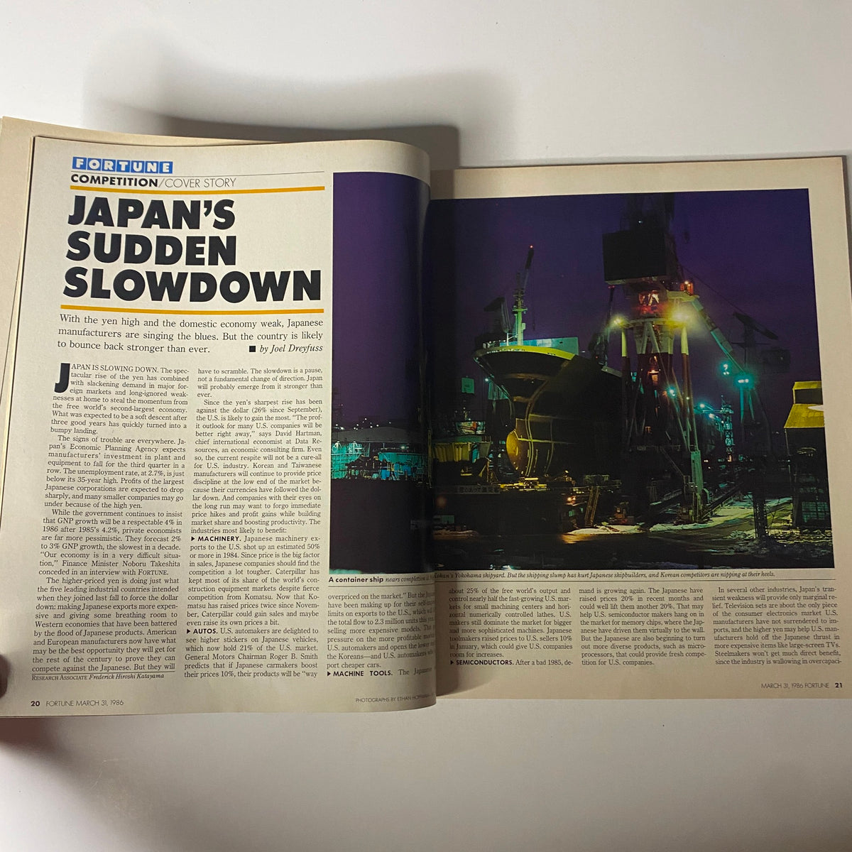 Article page from Fortune Magazine March 31, 1986, detailing the cover story 'Japan's Sudden Slowdown' about the Japanese economy and its impact.