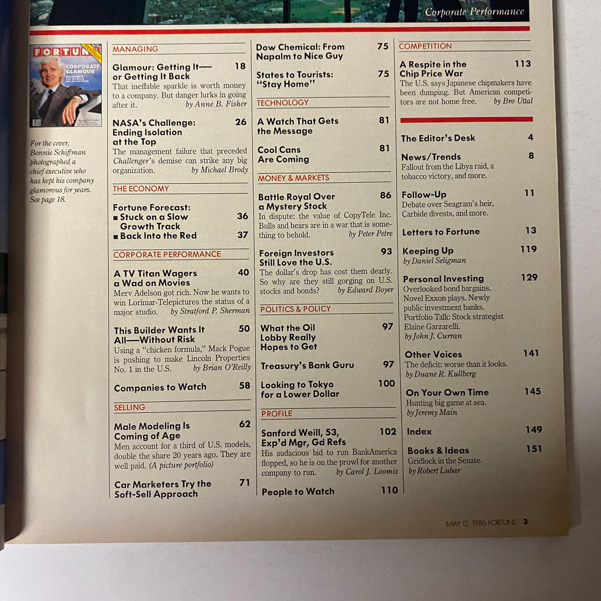 Inside pages of Fortune Magazine, May 12, 1986, displaying the table of contents with featured articles on corporate performance, managing crisis, and economic analysis.