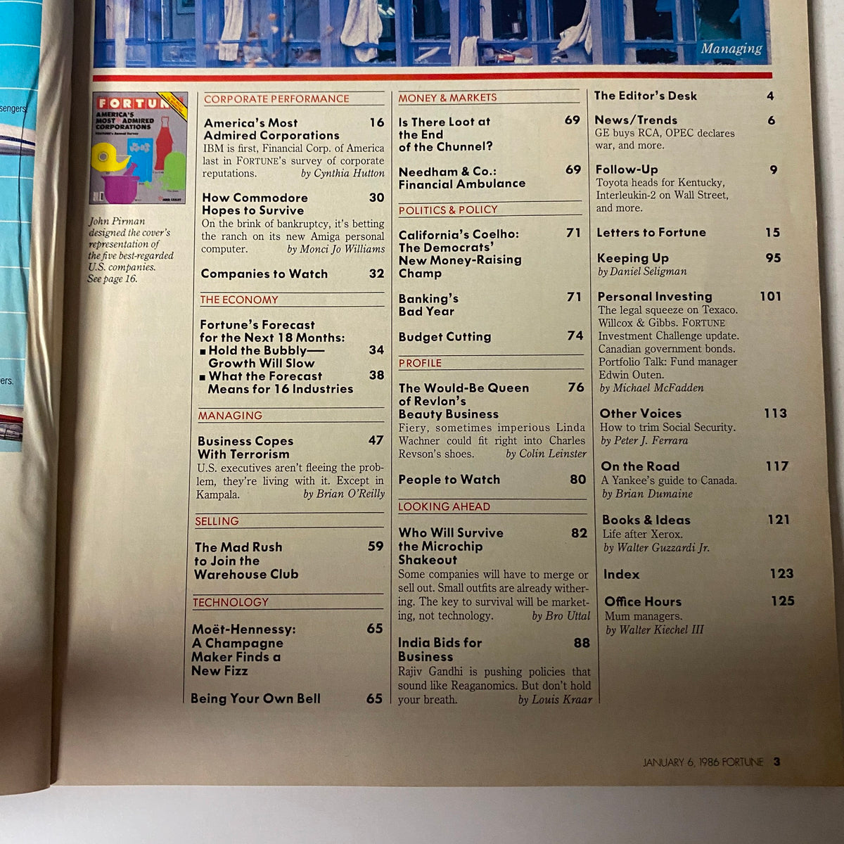 Table of contents from Fortune Magazine January 6, 1986, detailing featured articles including 'America's Most Admired Corporations' and analysis on corporate performance and market trends.