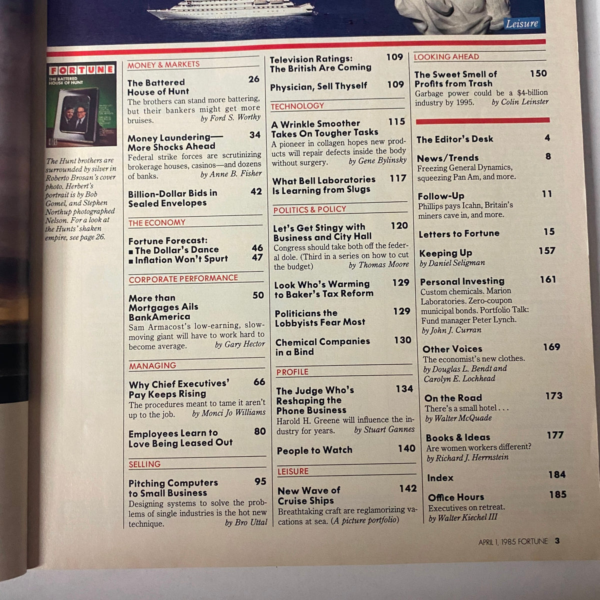 Table of contents page from the April 1, 1985 issue of Fortune Magazine, detailing various articles including 'The Battered House of Hunt' and topics on money, markets, and corporate performance.