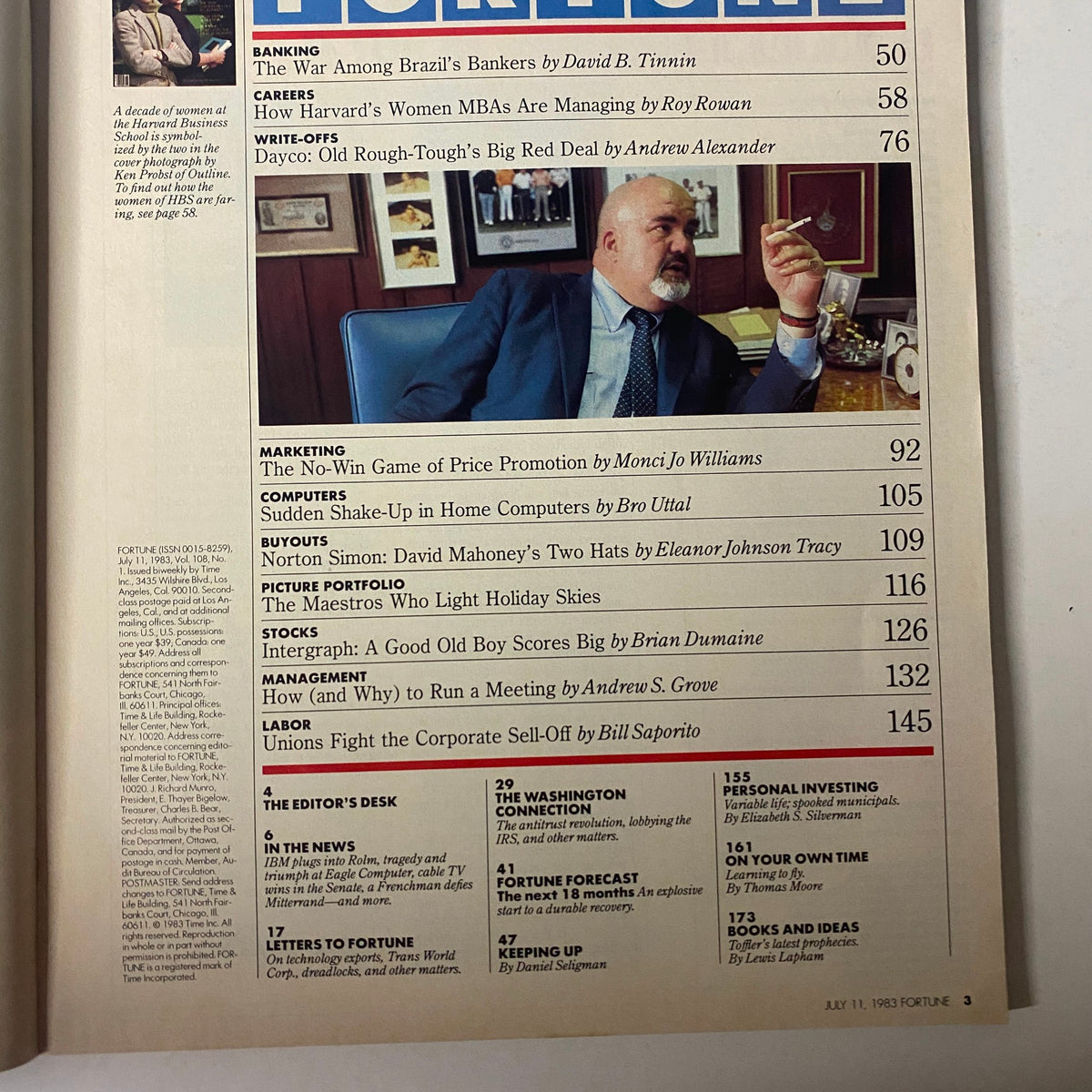 Table of contents from Fortune Magazine, July 11, 1983, showcasing topics such as Brazilian bankers, marketing strategies, and women MBAs, signifying the financial climate of the early 1980s.