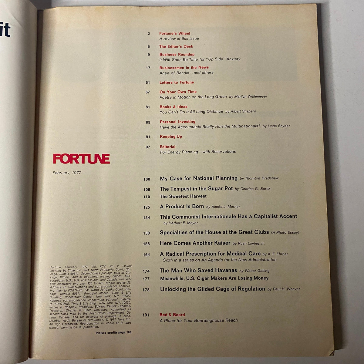 Table of contents from Fortune Magazine February 1977, showcasing featured articles like 'My Case for National Planning' and 'The Tempest in the Sugar Pot'.