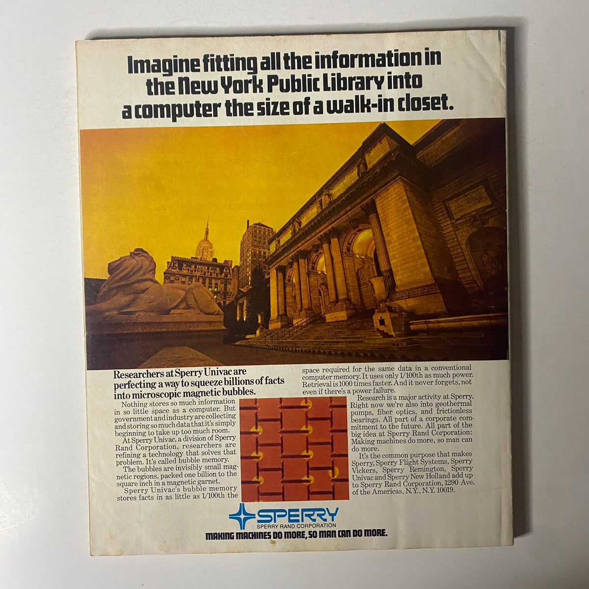 Advertisement from Fortune Magazine February 1977 featuring Sperry Rand Corporation discussing advancements in computer technology.