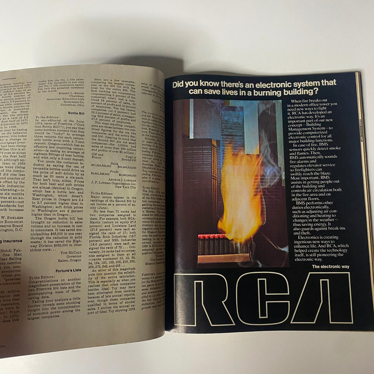Interior page of Fortune Magazine September 1974 showcasing an RCA advertisement about electronic systems for building safety.
