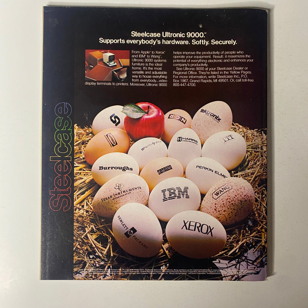 Back cover of Fortune Magazine from February 21, 1983, advertising the Steelcase Ultronic 9000, featuring logos of major tech companies alongside a visual of eggs.