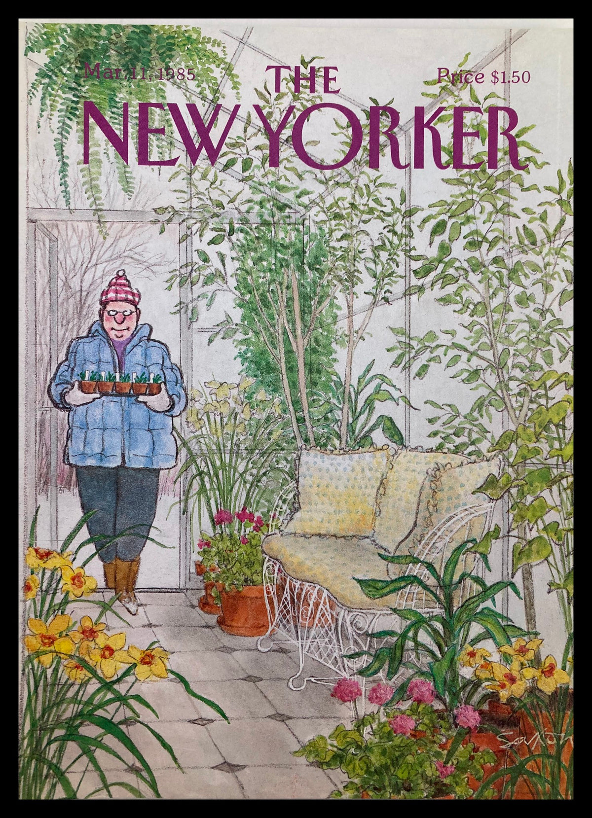 The New Yorker March 11 1985 cover featuring the artwork 'Plant Room' by Charles Saxon, depicting a figure in a cozy blue outfit carrying potted plants in a greenhouse filled with flowers and greenery.