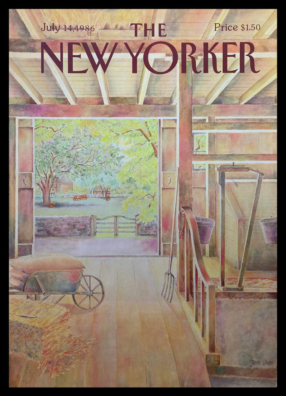 Cover of The New Yorker dated July 14, 1986, featuring the artwork 'Farm Life' by Jenni Oliver, depicting a rustic farm scene with a wheelbarrow, straw, and a view of the countryside.