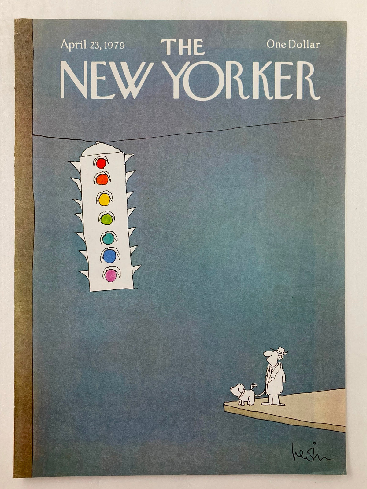 COVER ONLY The New Yorker April 23 1979 featuring artwork "Stop Light" by Arnie Levin, depicting a whimsical scene with a man and a dog looking at a colorful traffic light against a muted blue background.
