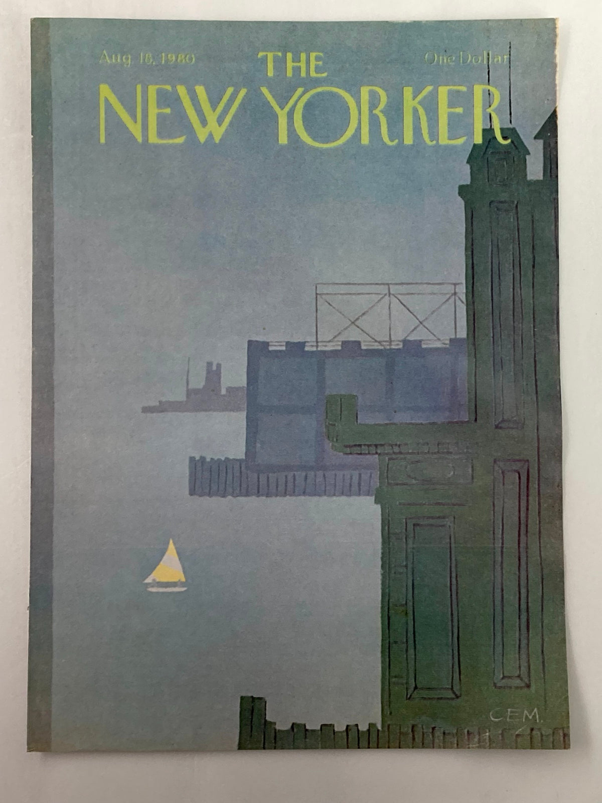 Front cover of The New Yorker August 18, 1980 featuring the artwork 'Saily Away' by Charles Martin, showcasing a coastal scene and a sailboat.