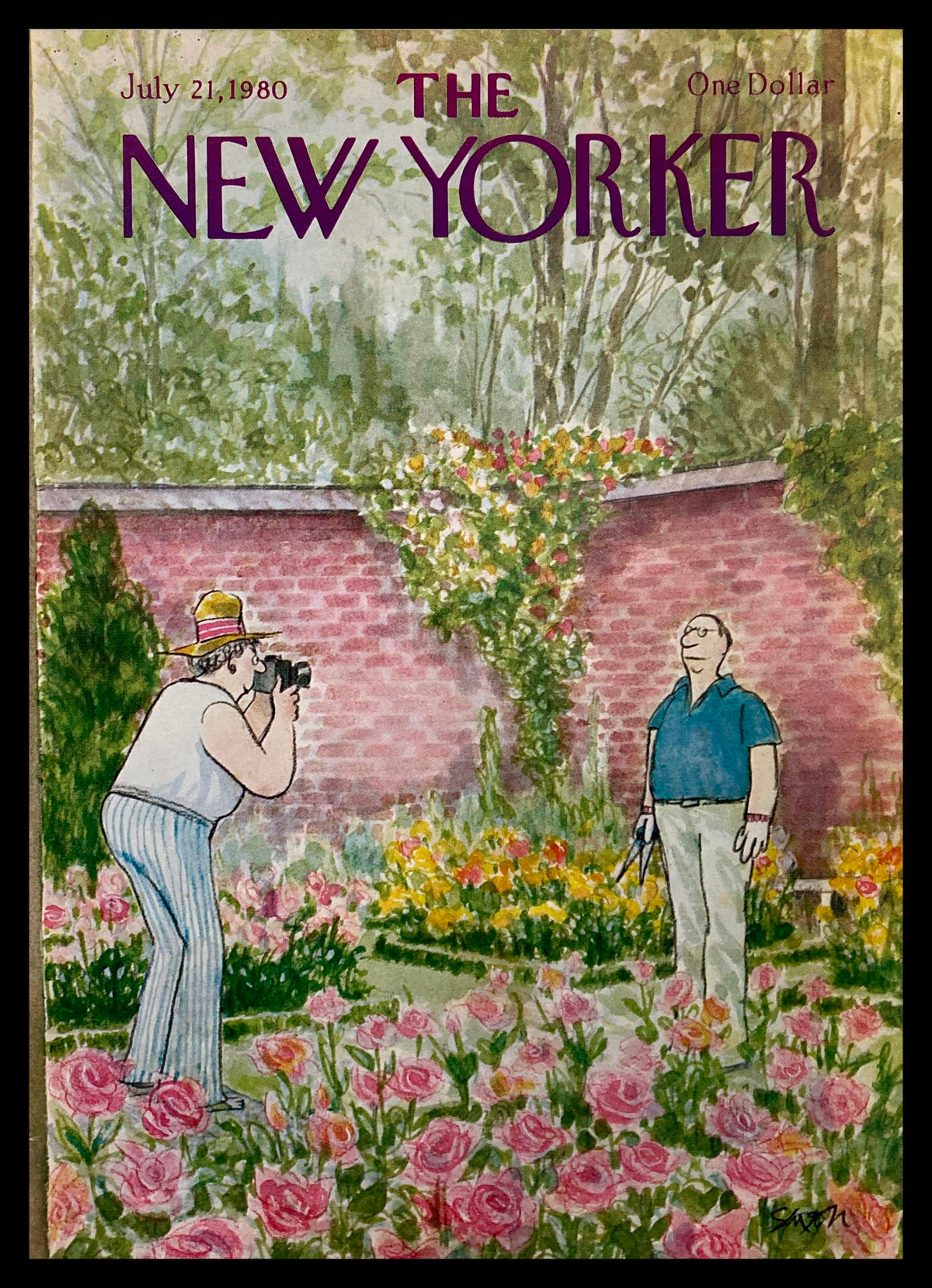 The New Yorker cover dated July 21, 1980, featuring a colorful illustration by Charles Saxon depicting a man taking a photograph in a rose garden.