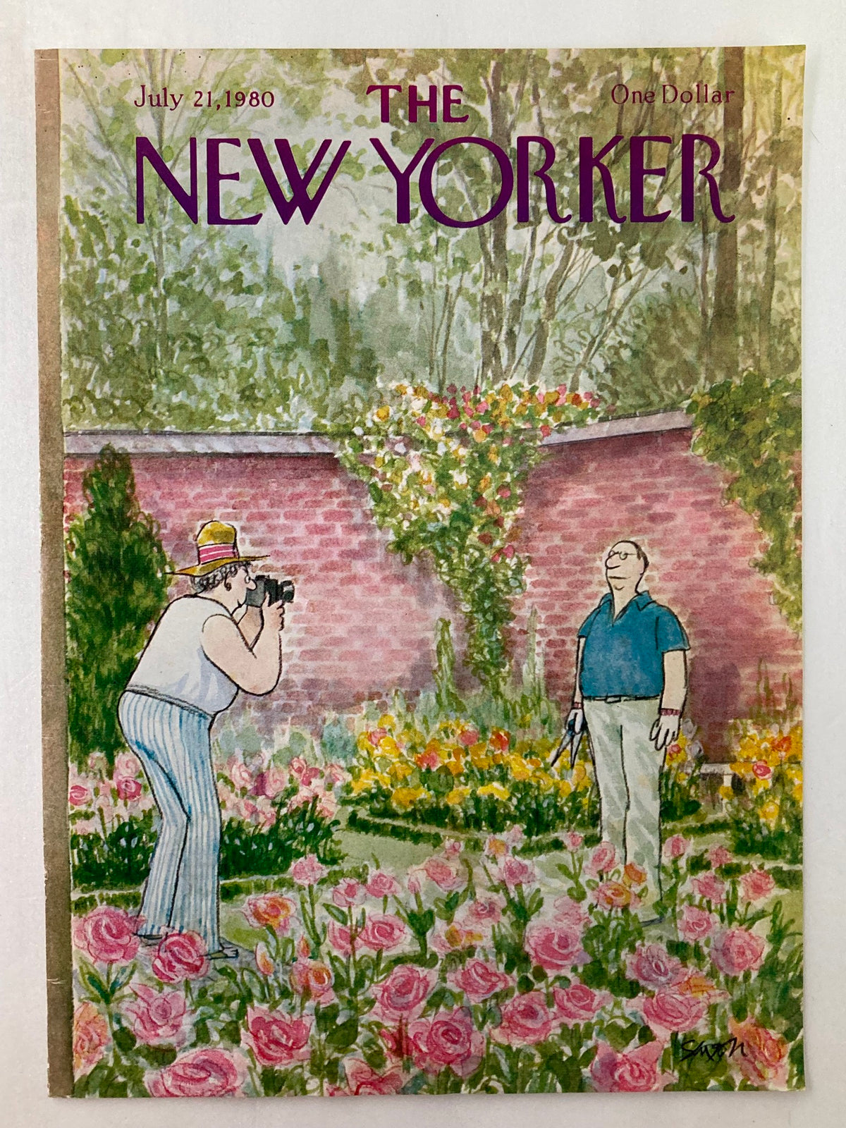 The New Yorker cover dated July 21, 1980, showcasing an illustration by Charles Saxon of a man photographing another man amidst blooming roses.