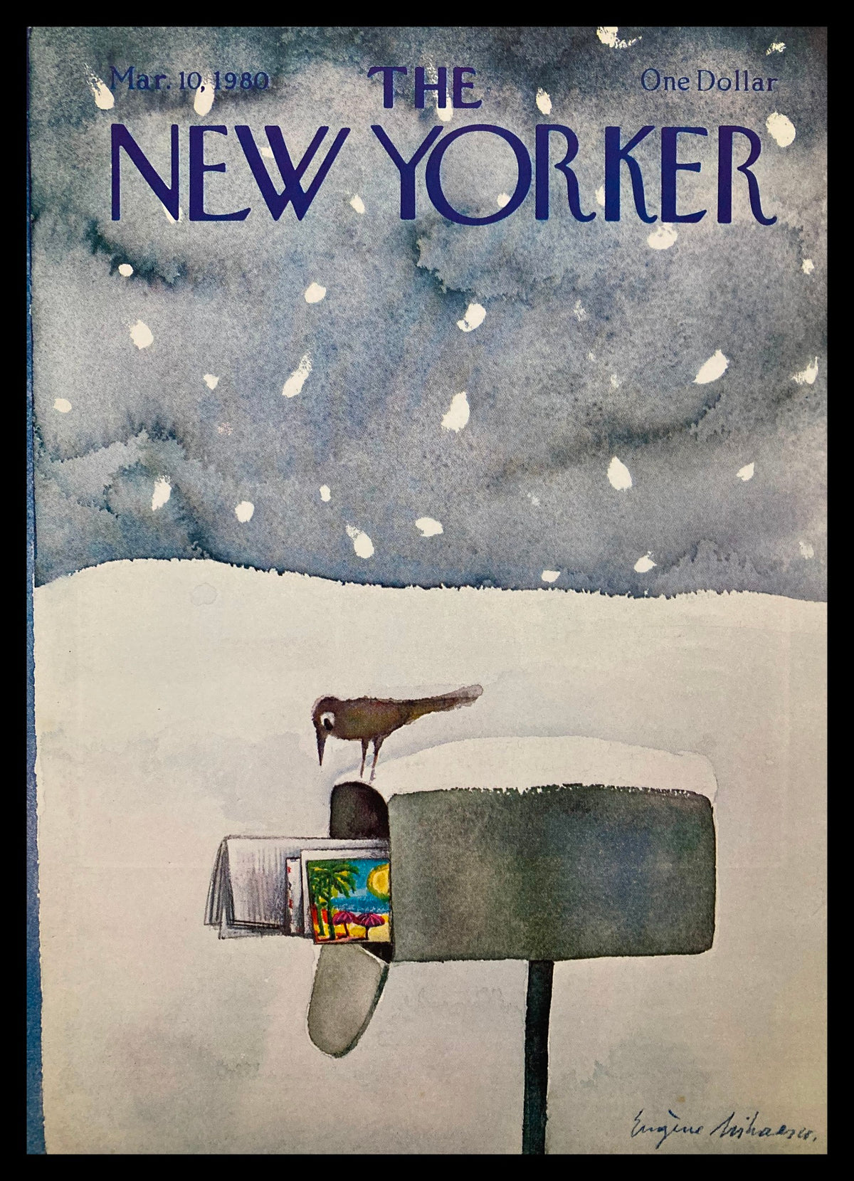 The New Yorker March 10 1980 cover featuring a snowy mailbox scene with a small bird perched on top, illustrated by Eugene Mihaesco.