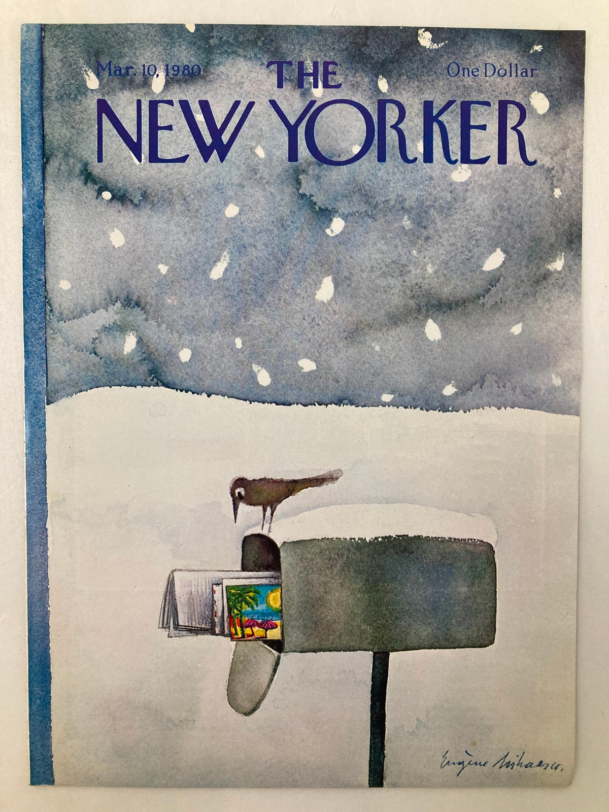 The New Yorker March 10 1980 cover showcasing an artistic watercolor illustration of a mailbox in snow, signed by artist Eugene Mihaesco.