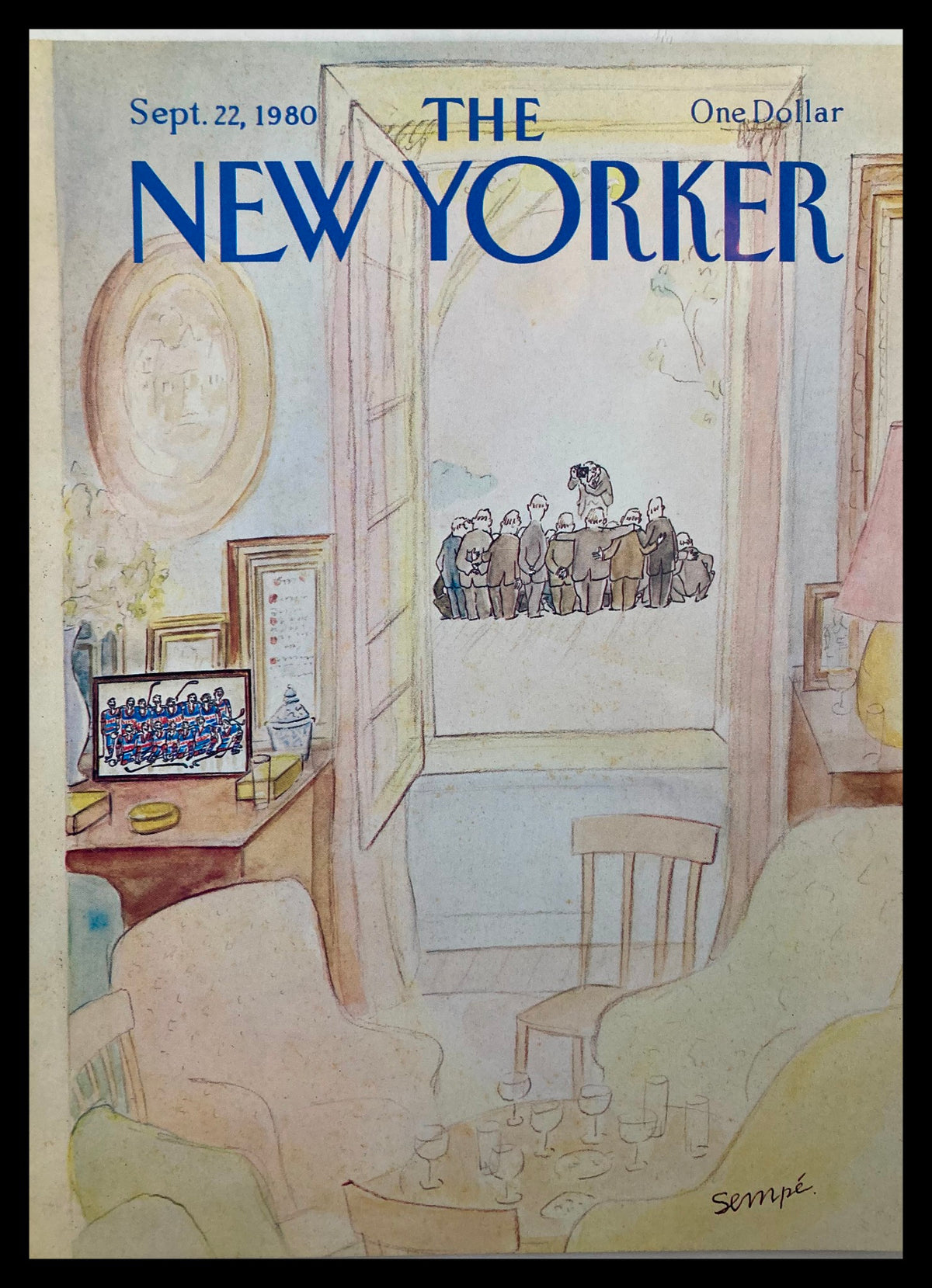 Cover of The New Yorker magazine dated September 22, 1980, titled 'Reunion' by J. J. Sempé, featuring a nostalgic illustration of a room with an open window and a gathering outside.