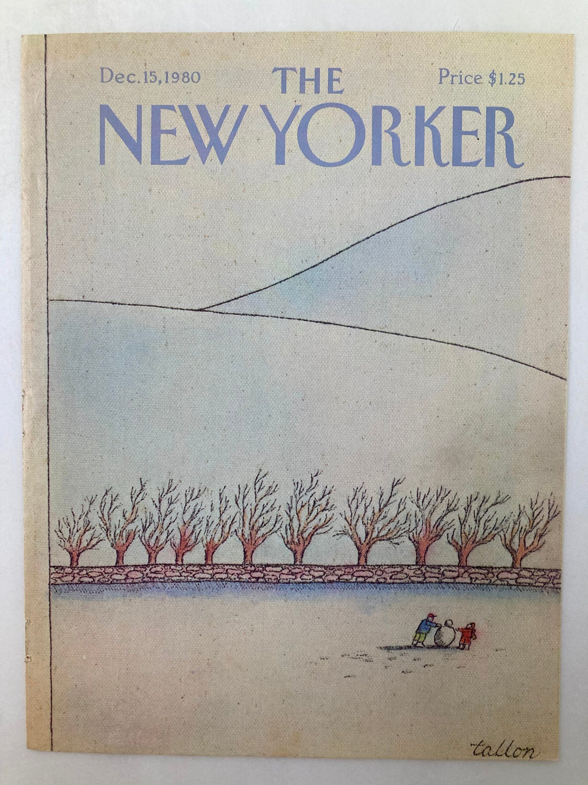 The New Yorker December 15 1980 cover featuring a snowman by Robert Tallon, depicting children joyfully creating a snowman in a serene winter scene with a soft pastel color palette.