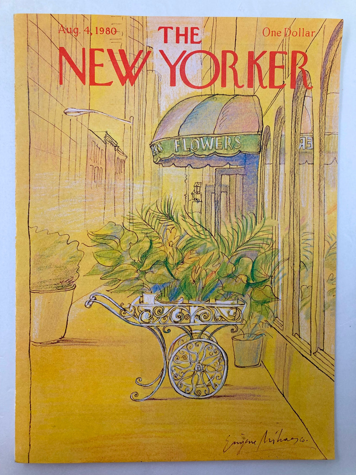 Cover only from The New Yorker August 4 1980, illustrated by Eugene Mihaesco, featuring a vibrant outdoor scene with flowers and plants.