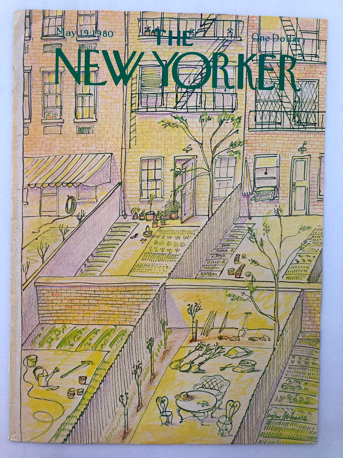 The New Yorker May 19 1980 cover showcasing an artistic drawing by Eugene Mihaesco, illustrating a quaint yard filled with plants, gardening tools, and outdoor furniture, evoking a sense of leisurely outdoor living.