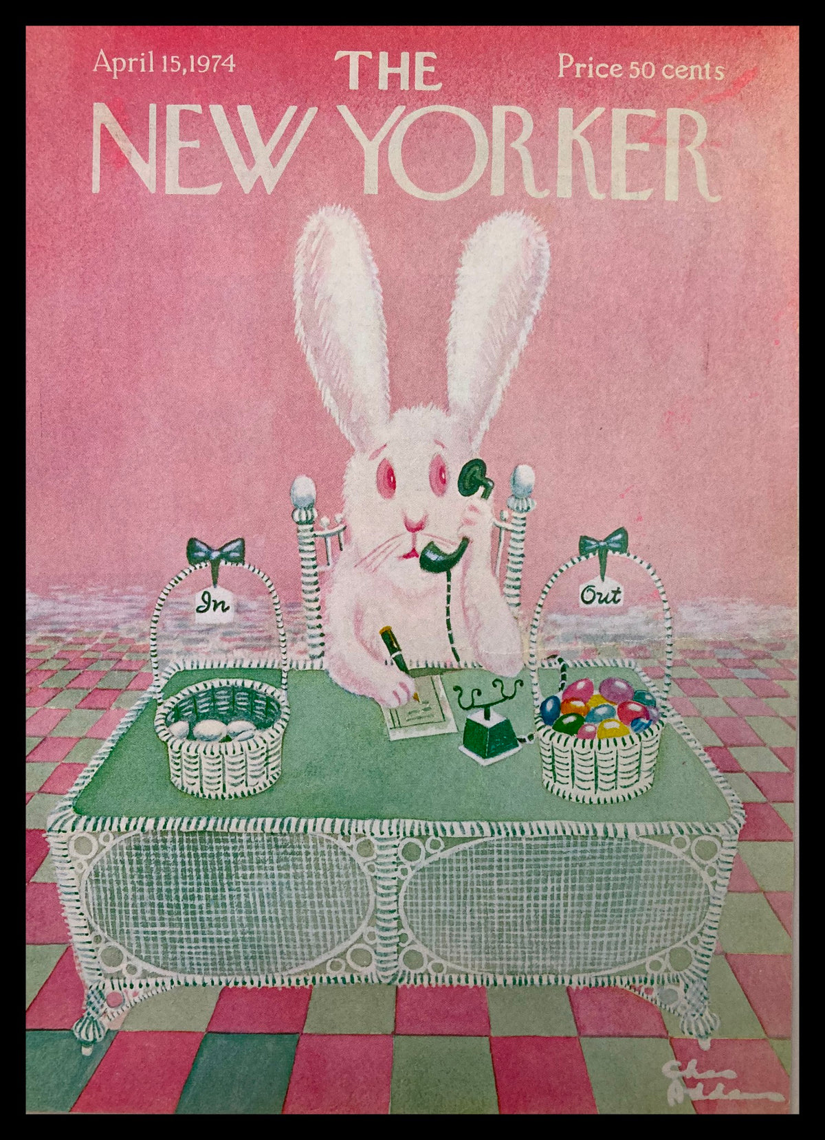 Cover of The New Yorker, April 15, 1974, featuring Easter art by Chas Addams, depicting a large bunny on the phone next to colorful Easter eggs.