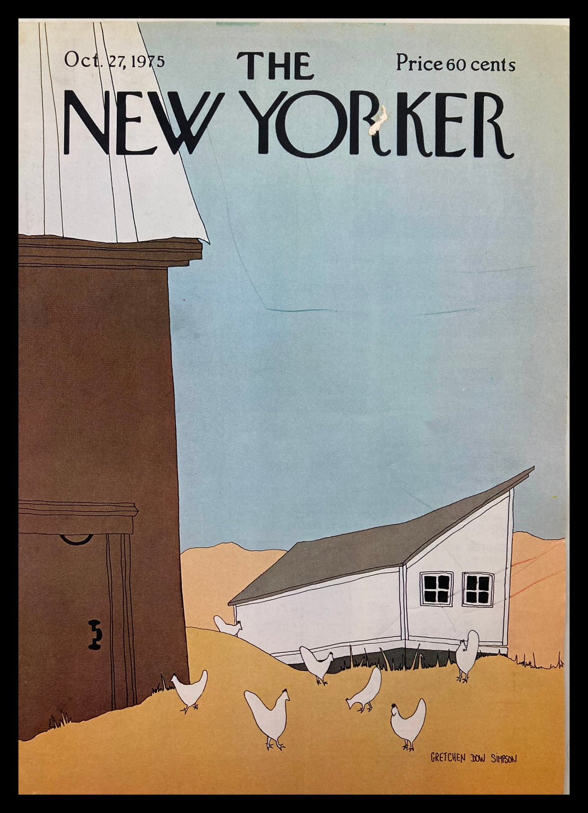 The New Yorker Cover October 27 1975 featuring a charming illustration of chickens by Gretchen Simpson, showcasing a rural scene with a barn and farmhouse, perfect for vintage art collectors.