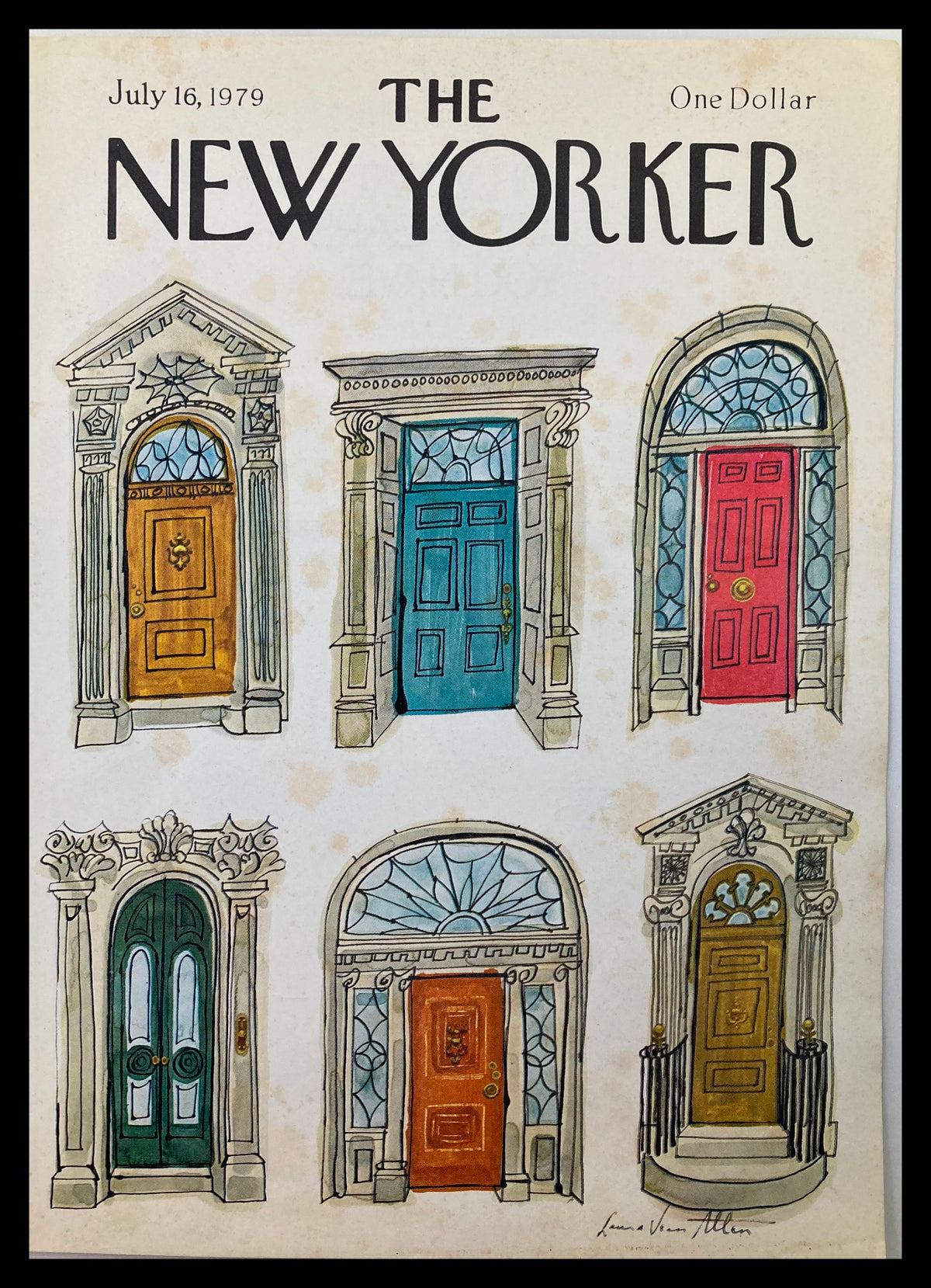 Cover of The New Yorker July 16, 1979, featuring a colorful illustration of various doors by Laura Jean Allen, showcasing artistic designs and vibrant colors perfect for collectors.