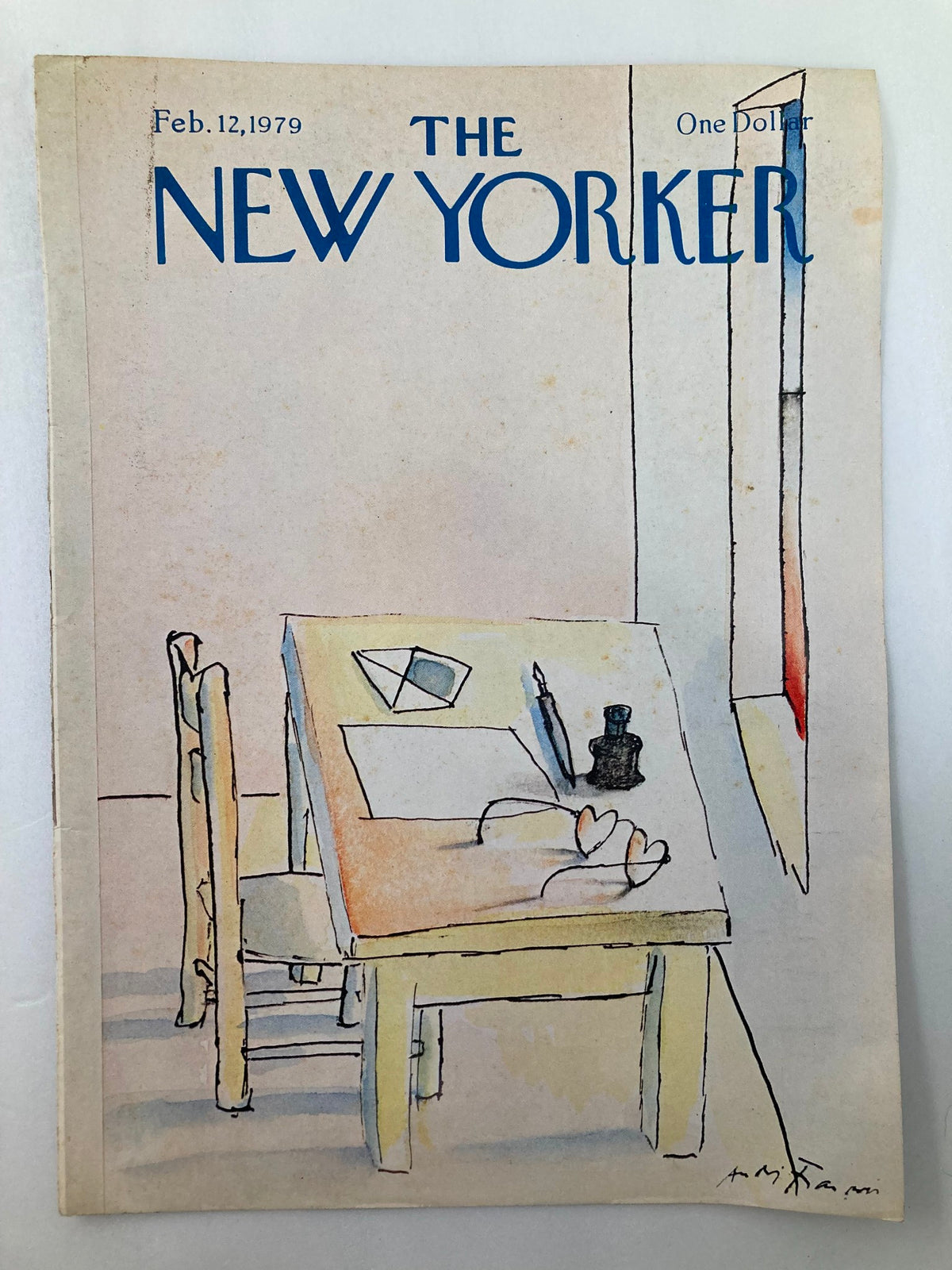 COVER ONLY The New Yorker February 12 1979 Desk by Andre Francois showing a colorful illustration of a desk with a letter, pen, and artistic elements.