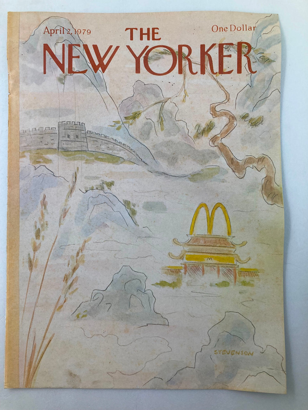 Cover only of The New Yorker dated April 2, 1979, illustrated by James Stevenson, featuring a vintage design with East Asian elements and subtle colors.