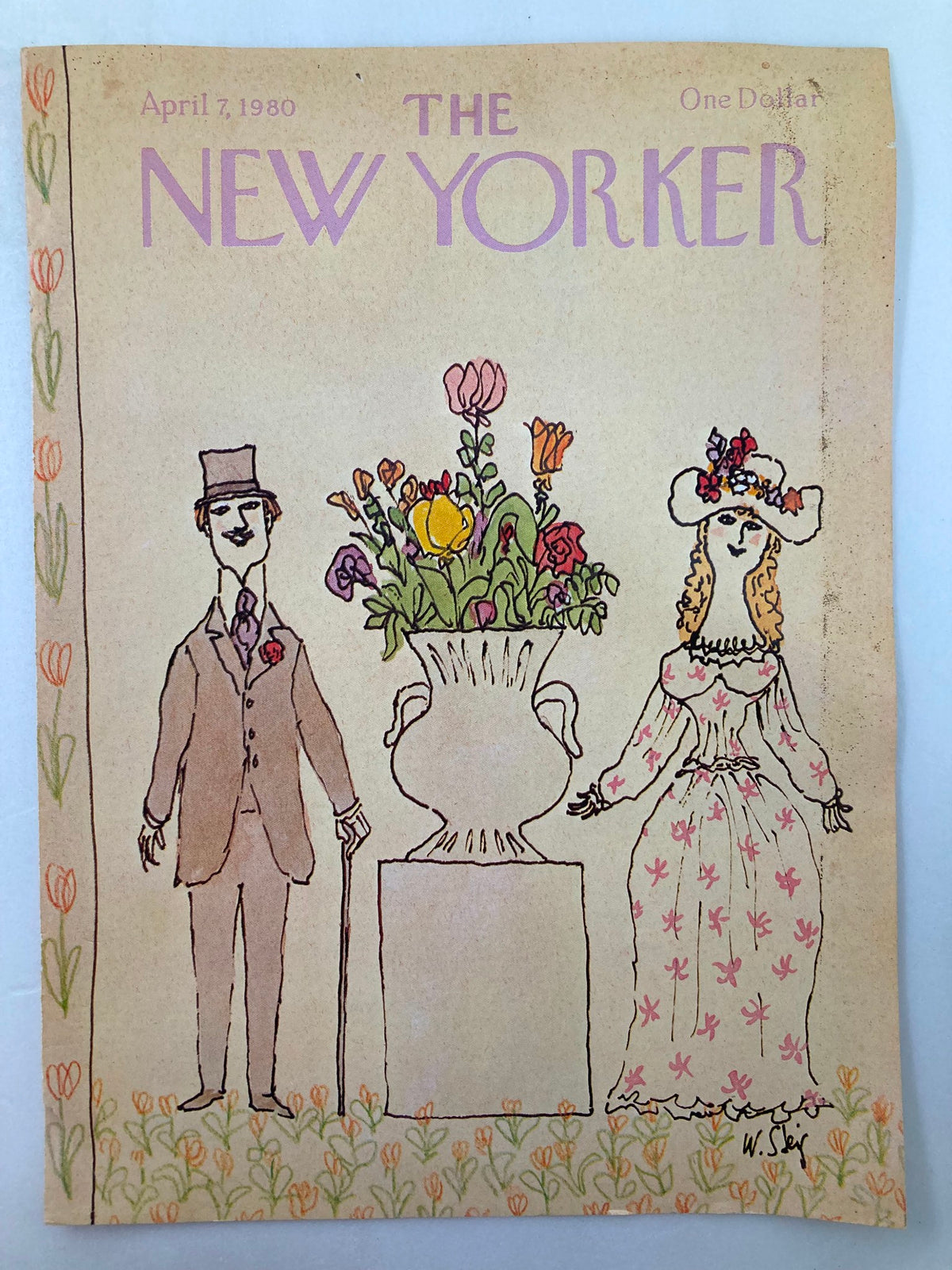 Cover of The New Yorker from April 7, 1980, illustrated by William Steig, showing a man with a cane next to a large vase of flowers and a woman in a patterned dress.