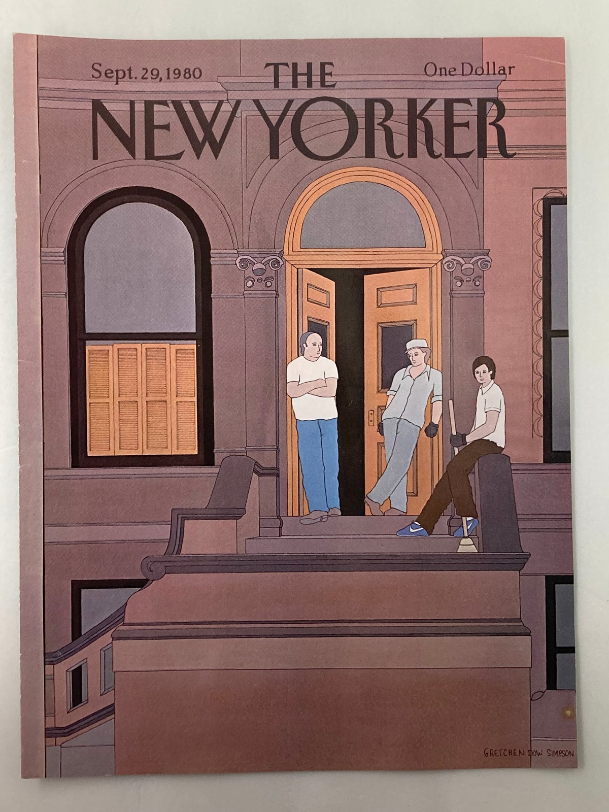 The New Yorker cover from September 29, 1980, by Gretchen S., showcasing three individuals on a stoop with an open door, highlighting vintage artistic design.