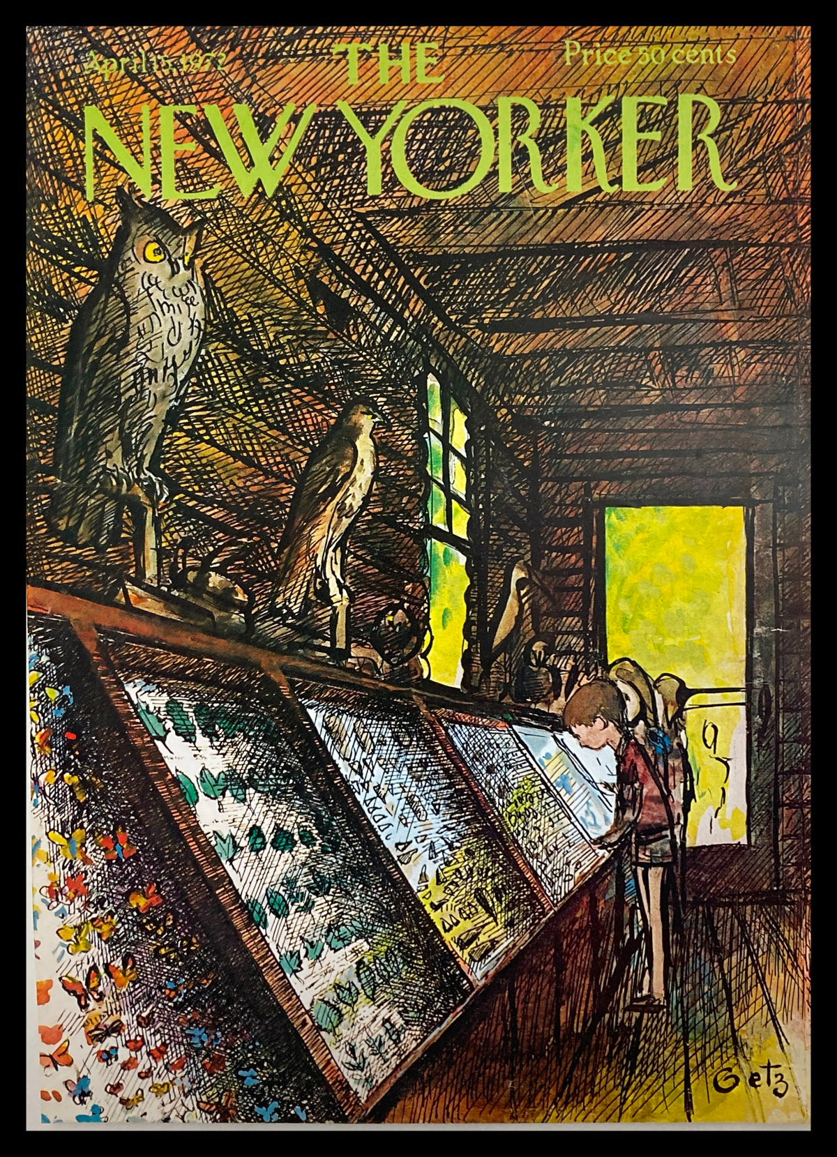 COVER ONLY The New Yorker April 15 1972 Display by Arthur Getz, featuring a vibrant illustration of owls and a child observing displays of butterflies in a museum setting.