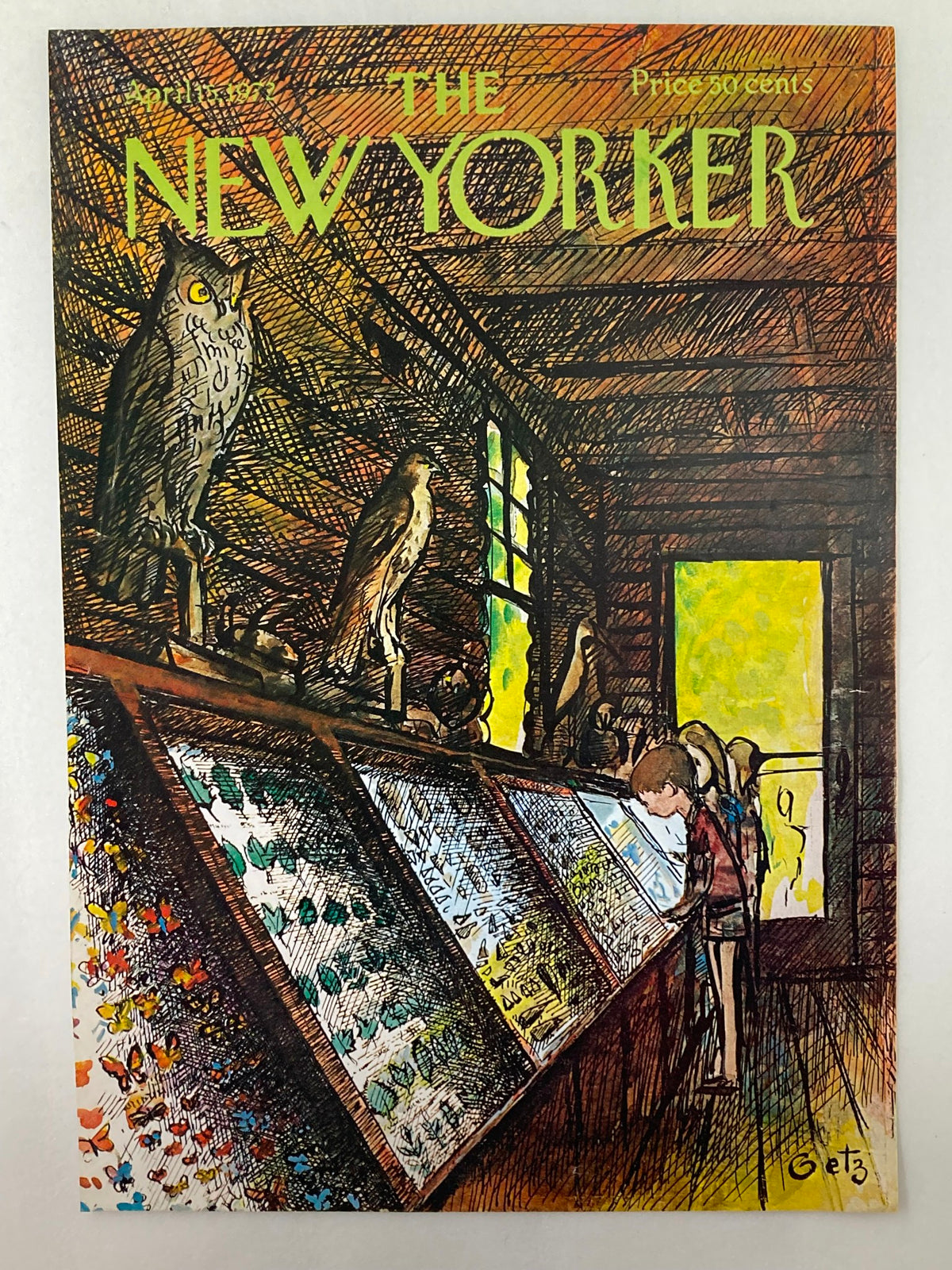 COVER ONLY The New Yorker April 15 1972 Display by Arthur Getz, showcasing an artful depiction of nature with owls and a child captivated by colorful butterfly exhibits.