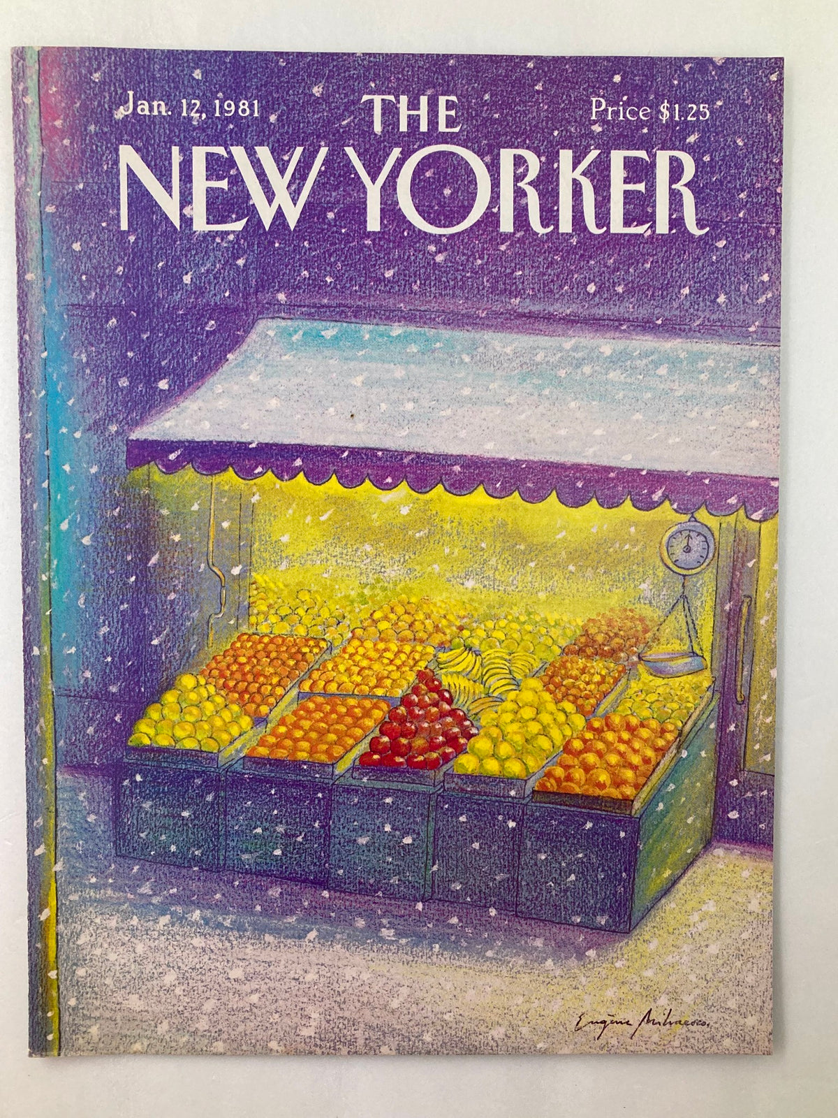 COVER ONLY The New Yorker January 12 1981 featuring a colorful Fruit Stand illustration by Eugene Mihaesco, depicting vibrant fruits under a yellow awning in a snowy setting.